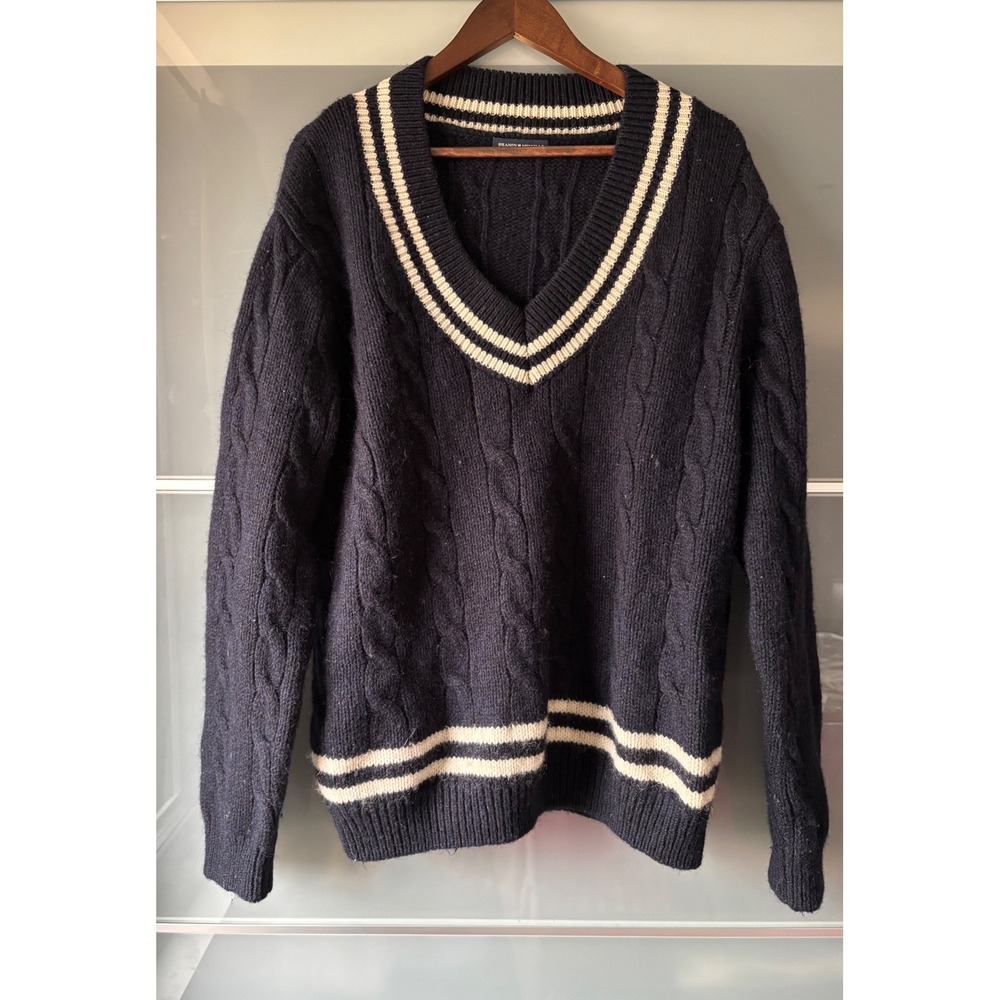 Brandy Melville Navy Blue Wool Cable Knit V-Neck Varsity Sweater Prep Academic